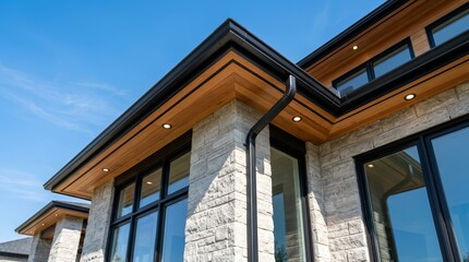 Obraz premium Modern house exterior with black gutters and wooden soffits against a blue sky.