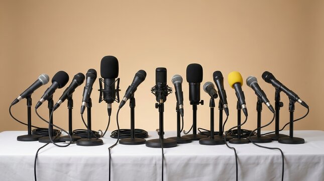 Multiple microphones arranged on a table for a press conference and media event.
