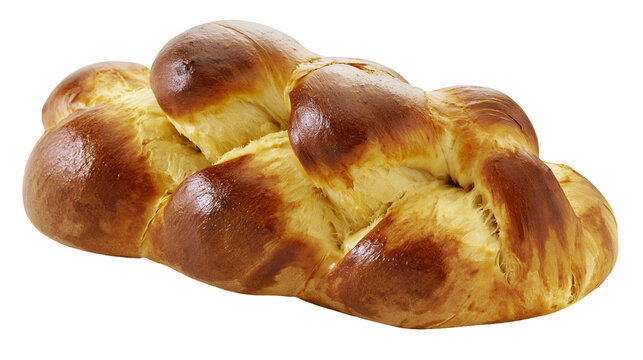 Isolated freshly baked golden brown braided challah bread loaf with shiny crust, delicious and appetizing.