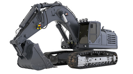 Isolated dark gray modern hydraulic excavator for heavy construction and earthmoving work. © Oisin