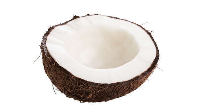 Isolated fresh organic half coconut with brown fibrous shell and white flesh, tropical fruit ingredient.