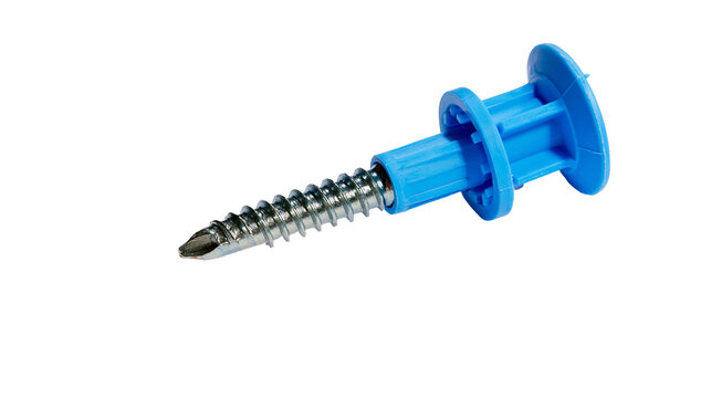 Isolated blue plastic drywall anchor with metal screw, essential for sturdy wall mounting
