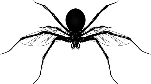 Isolated detailed black silhouette of a long-legged fly or gnat insect with transparent wings