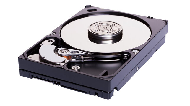Isolated opened computer hard drive showing internal platters and read write head for data storage
