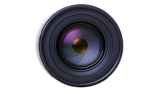 Isolated professional camera lens with visible aperture blades on front element, photography equipment.