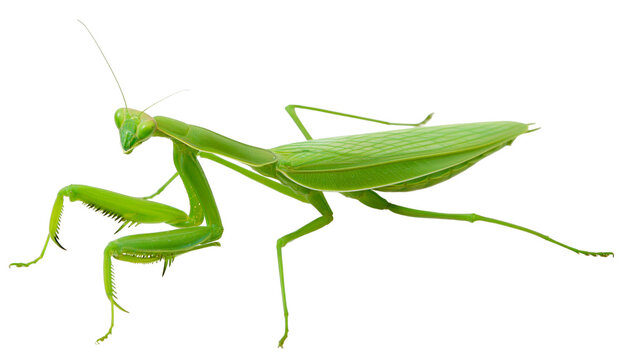 Isolated vibrant green praying mantis standing still, a formidable predatory insect