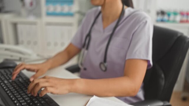 Arab woman doctor typing on keyboard with stethoscope visible, fingers on keys in clinic building; calm medical admin.