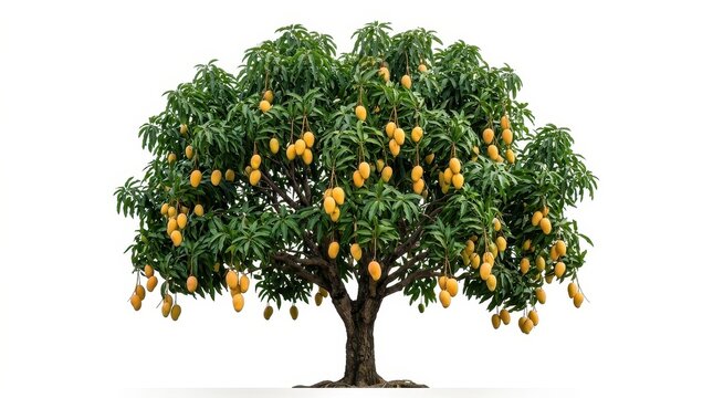 Lush mango tree with ripe yellow fruit, tropical fruit tree illustration on white background, organic mango orchard plant for agriculture design