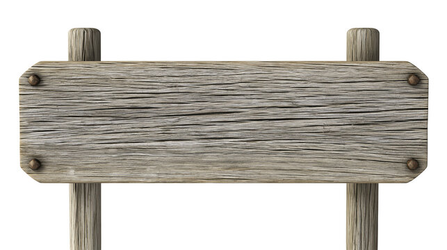 Isolated old weathered rustic wooden signpost, blank empty board with textured wood grain and vintage nails