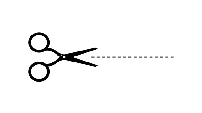 Isolated black scissors icon with dashed cut line representing separation and trimming