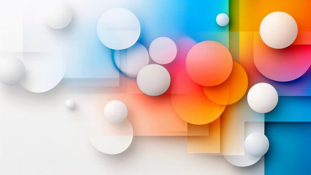 Colorful layered circles and geometric shapes form a bright abstract composition on a clean white background