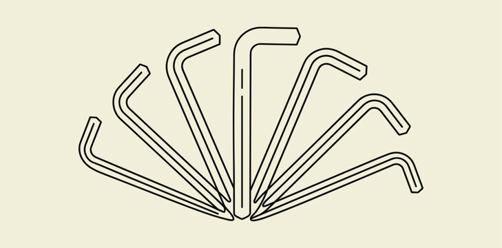 Hex key set line art illustration of multiple sizes allen wrenches for mechanical repairs and assembly tasks.