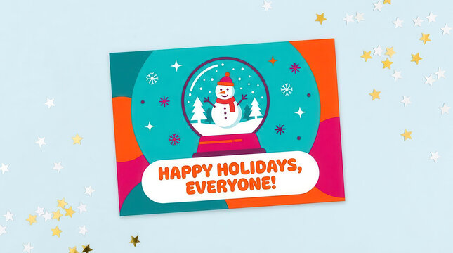 Colorful Christmas greeting card with snowman illustration and Happy Holidays text on blue background with star confetti
