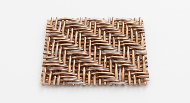 Macro of Fourdrinier forming fabric wire mesh. Woven bronze and synthetic monofilament matrix for paper mill pulp dewatering. Precision industrial papermaking hardware isolated on white background.
