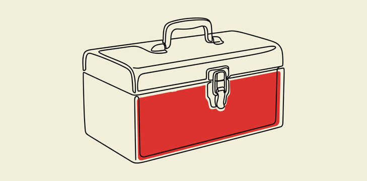 Vintage style metal toolbox with red accent panel in continuous black line art for repair and construction concepts.
