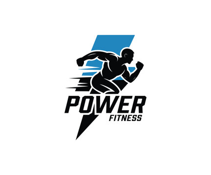 Power fitness logo with running athlete silhouette and blue lightning bolt