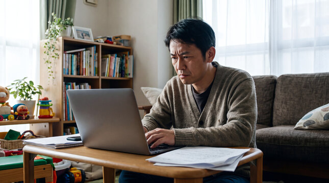 Asian father working on laptop at home in living room