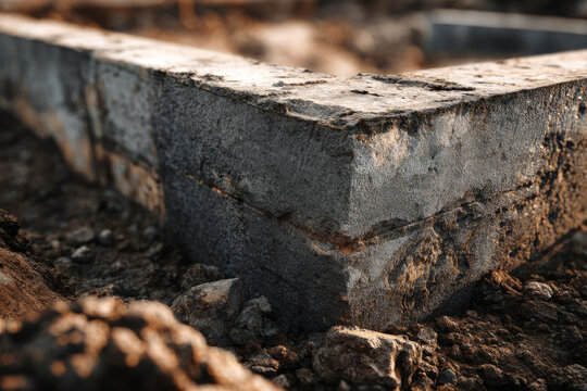 Close-up view of a concrete foundation corner, showcasing rough textures and earthy tones, surrounded by soil, emphasizing construction and building processes in progress