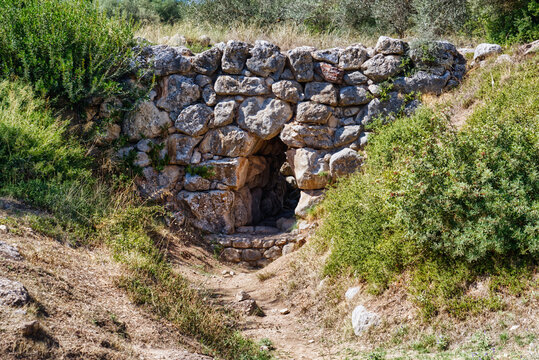 Ancient Mycenaean Arkadiko stone arch bridge built with Cyclopean masonry in Argolis Greece