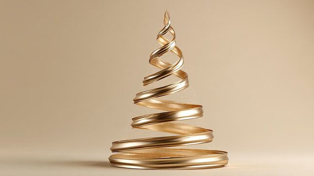 Abstract golden Christmas tree sculpture with spiraling metallic ribbons against a neutral beige background, symbolizing modern holiday decor and festive elegance