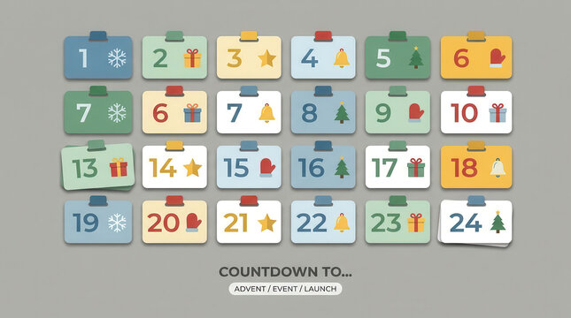 Flat design Christmas advent calendar with twenty-four numbered cards on a grey background