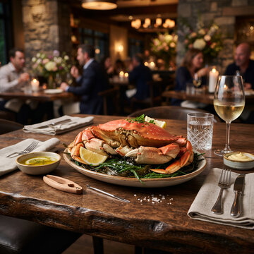 Fresh Cooked Whole Crab Seafood Platter on Wooden Restaurant Table