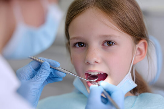 Young girl with brown hair is receiving dental examination in a clinic, with a dentist using tools, showcasing a caring and professional atmosphere in oral health care
