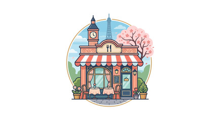Fototapeta premium Charming cartoon illustration of a European cafe with a striped awning, outdoor seating, a clock tower, Eiffel Tower, and cherry blossom tree.
