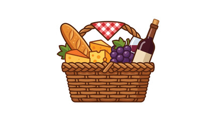 Obraz premium A charming illustration of a traditional picnic basket overflowing with gourmet food items like bread, cheese, grapes, and a bottle of red wine, perfect for an outdoor meal.