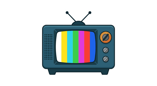 A retro television set displaying a colorful no-signal test pattern, with rabbit-ear antennas.