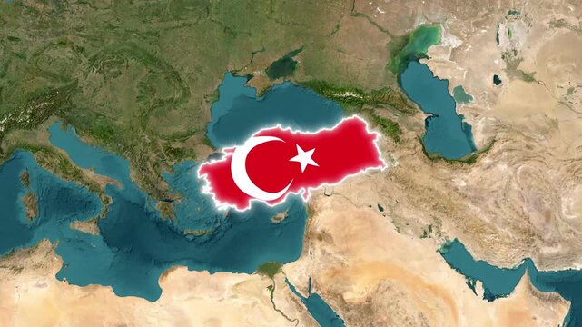 Turkey map with national flag overlay on satellite earth background, conceptual geopolitical motion graphic showing country location and borders