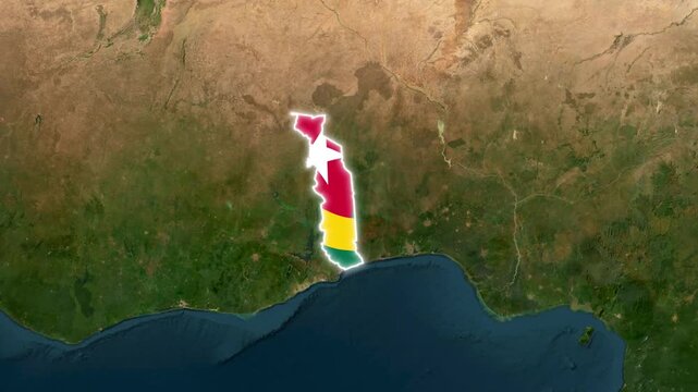 Togo map with national flag texture isolated on satellite view of West Africa, digital cartography and geopolitical concept animation