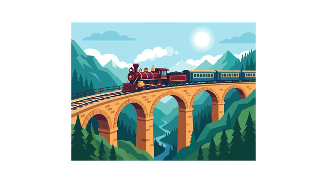 A vibrant illustration of a classic red steam train with blue carriages crossing a majestic stone arch bridge over a winding river valley amidst lush green mountains and a bright sunny sky.