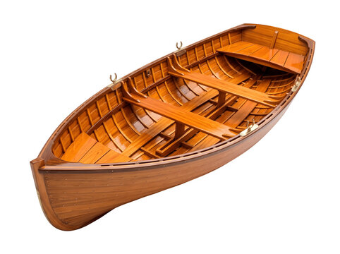 A beautiful handcrafted wooden rowboat isolated on transparent background