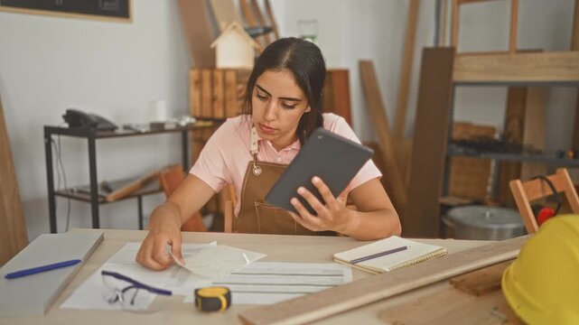 Young woman carpenter holds tablet and studies printed plans while sorting paperwork and measuring wood on a workbench in a carpentry workshop; concentration planning.