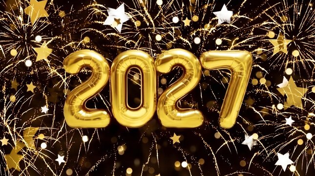 Gold 2027 foil balloon numbers floating against dark night sky with golden firework explosions for celebratory new year eve party backdrop background.