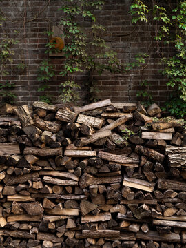 Close view of neatly stacked split logs showing bark, grain and sawn ends, a natural wood texture in front of a brick wall.
