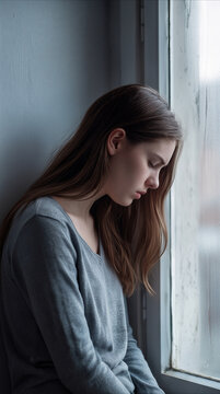 Despondent young woman sitting by window in dimly lit room. Mental health and loneliness concept.