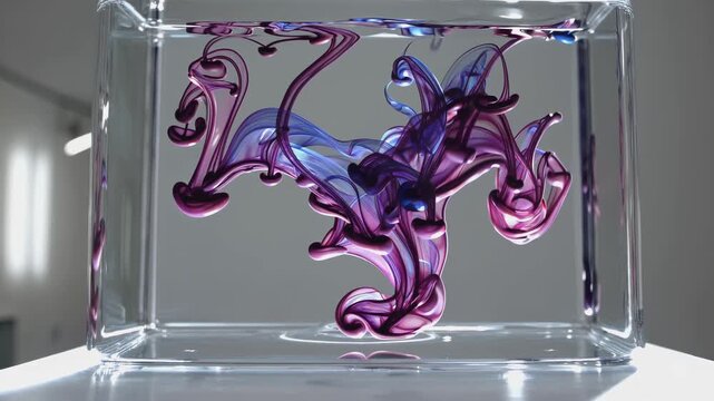 Colorful ink swirls gracefully in water, showcasing dynamic movement and fluidity, captured through a smooth zoom-in motion emphasizing vibrant hues and textures