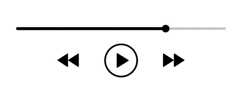 Minimalist music player interface controls featuring sleek progress bar with rewind play fast forward buttons isolated on transparent background for media apps.