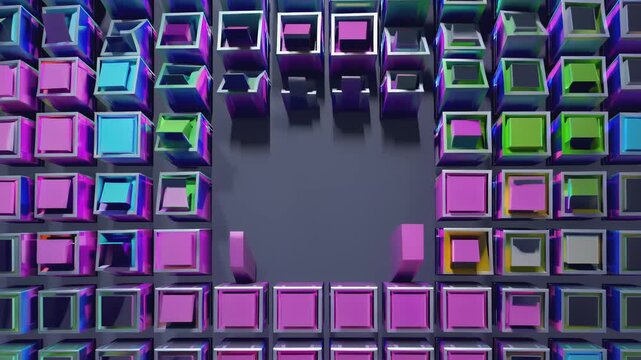 Colorful cube arrangement transitions through vibrant patterns, showcasing dynamic motion and depth with a gradual zoom effect, emphasizing visual complexity and design