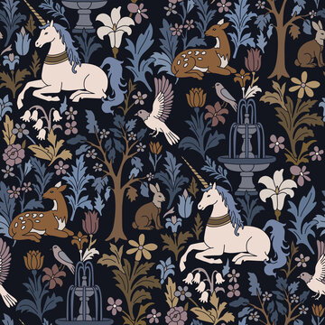 Medieval Unicorn Garden with Woodland Animals Seamless Pattern