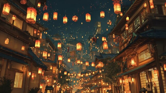 Countless glowing lanterns illuminate a magical city street during a vibrant night festival