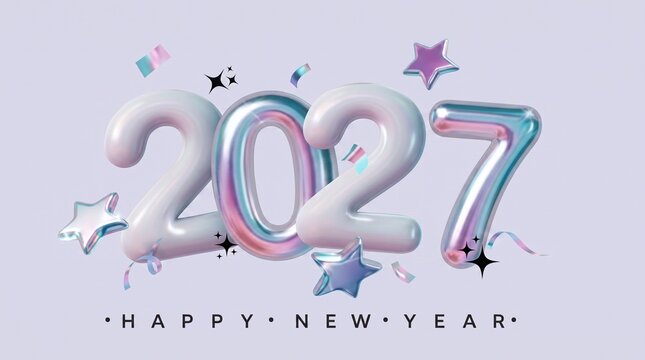 Holographic inflated numbers 2027 with confetti and stars, celebrating Happy New Year in pastel colors.