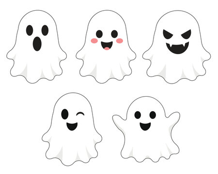 Five cute ghost faces with different expressions vector illustration