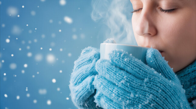 Woman drinking hot beverage outdoors during winter snowfall. Young adult in knitted gloves holding steaming mug on cold snowy day.