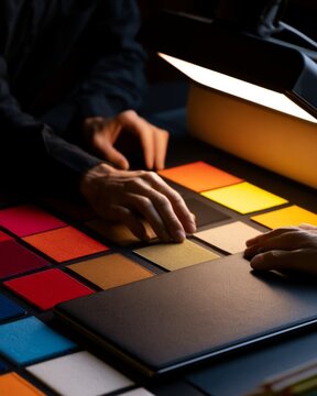 Designer Comparing Fabric Swatches Under Daylight Lamp for Material Selection
