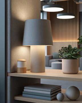 Table lamp with fabric shade on wooden shelf in office wellness space