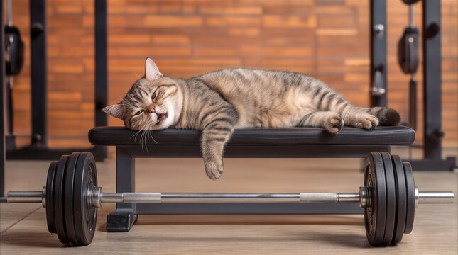 Lazy tabby cat lying on weight bench in gym. Funny pet resting after workout with barbell in foreground.