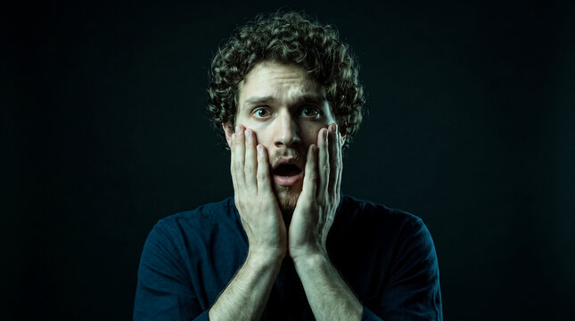 A portrait of a man with curly hair, wide eyes, and an expression of shock and fear, with his hands on his face. The lighting is dramatic, casting a shadow on the background